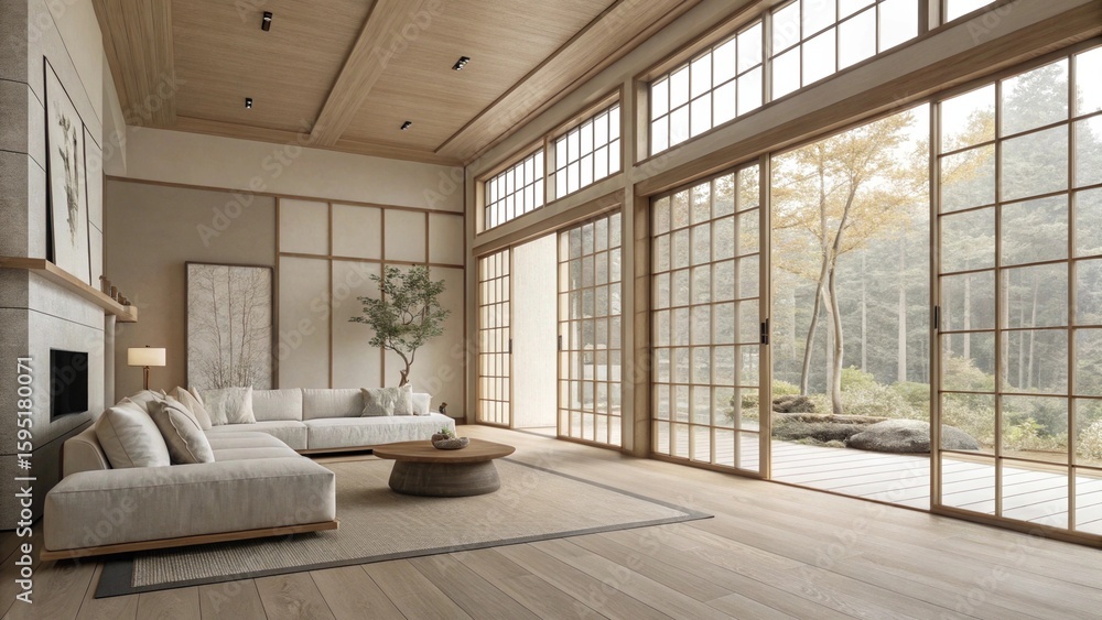 Fototapeta premium Tranquil Japandi Living Room with Forest View and Sliding Shoji Doors