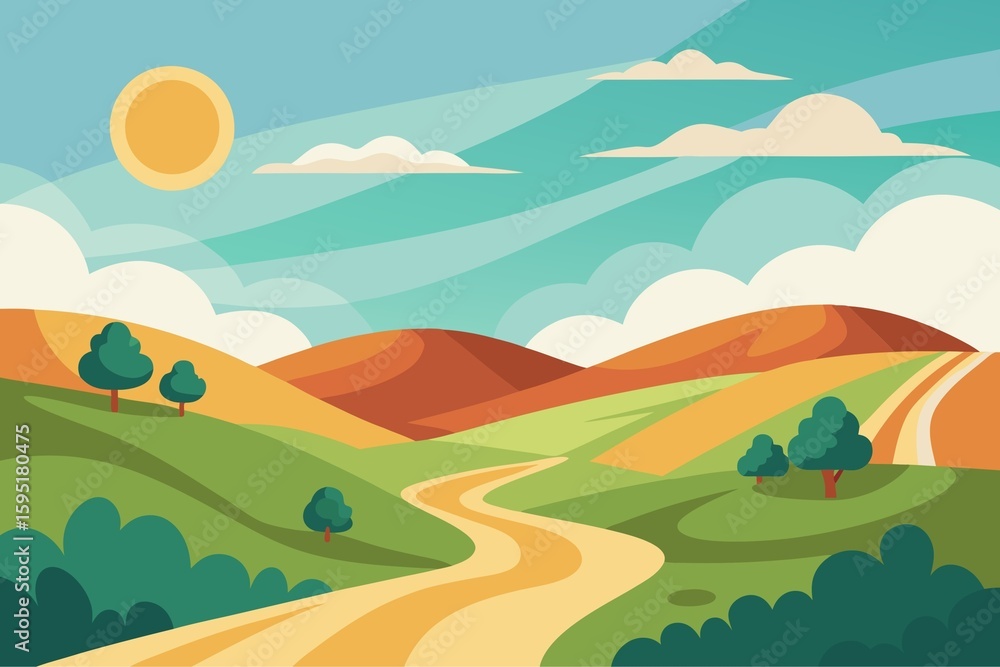 Obraz premium Cartoon Landscape with Rolling Hills Trees Winding Road and Sunny Sky