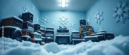 A snow-covered room filled with vintage audio equipment
