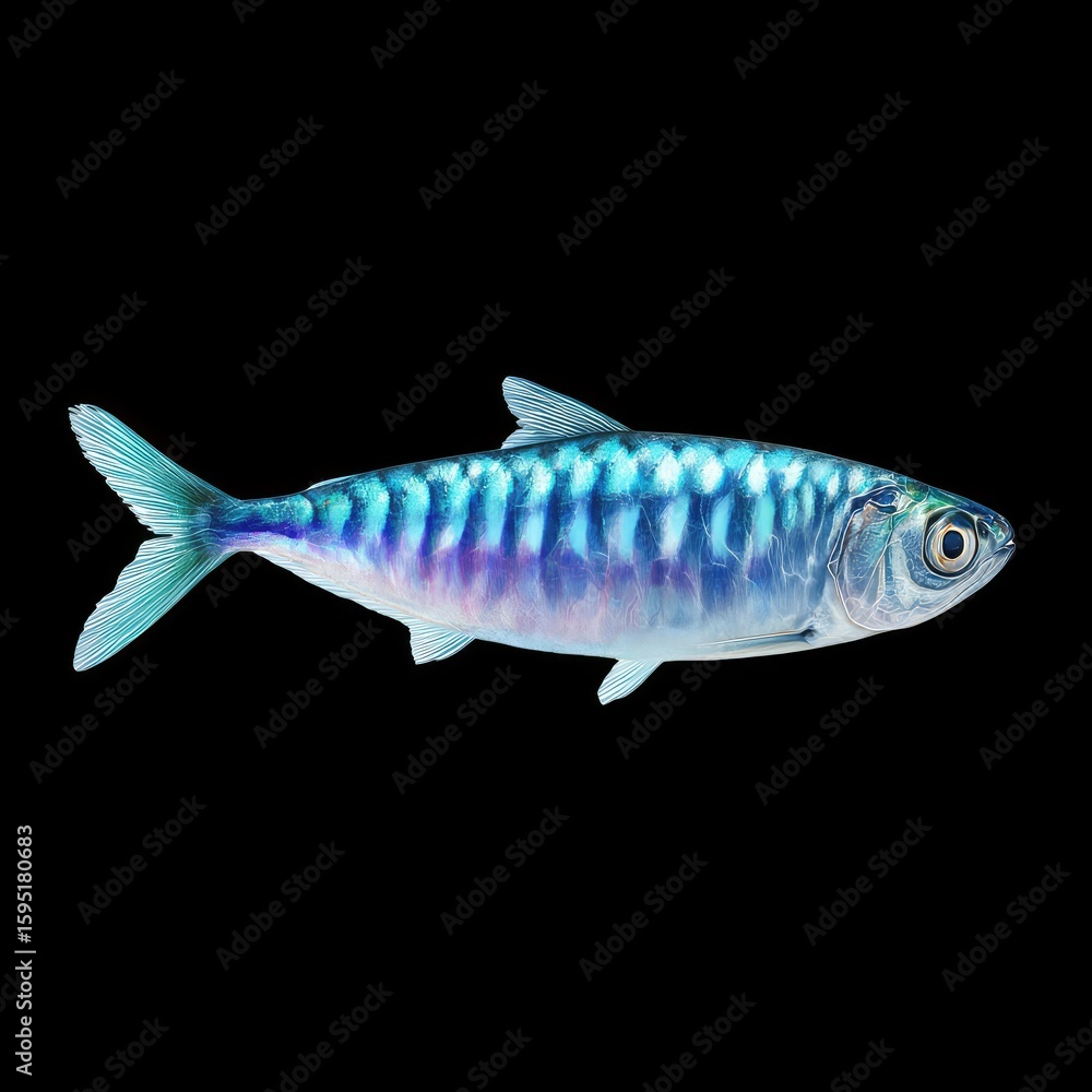 Fototapeta premium Vibrant Blue Fish with Shimmering Scales on a Black Background Capturing Underwater Beauty