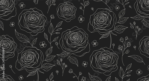 Elegant black and white floral pattern design with intricate rose motifs and delicate leaves for textiles and decorative applications