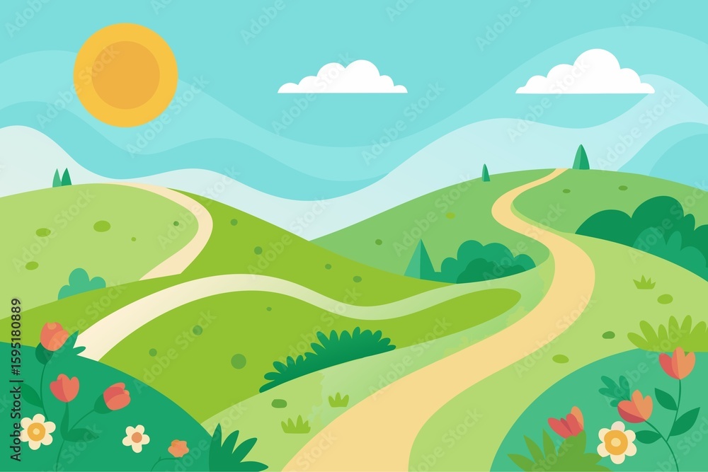 Fototapeta premium Cartoon Landscape with Hills Flowers Path and Sun on a Sunny Day
