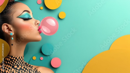 Woman with bold eyeliner blowing pink bubblegum, patterned dress outlined in thick black lines, pop art style emphasizing her carefree energy.