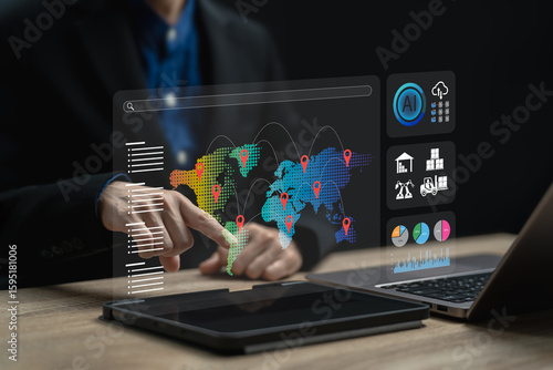 Smart transportation and logistics network distribution technology concept, Businesswomen use tablets and AI application management, Logistics, Supply chain, import export planning and data analysis