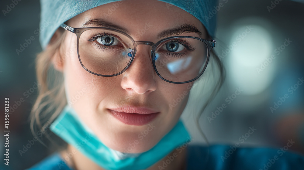 Close up of a female doctor wearing glasses and a surgical cap looking at the camera with a mask down Close up of a female doctor wearing glasses and a surgical cap looking at the camera with a mask down