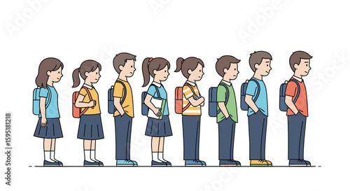 A diverse group of children stands in a line ready for school their backpacks symbolize education and growth waiting for their lessons to begin