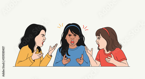 Three young girls arguing loudly during a heated disagreement with expressions of anger and frustration while standing close together