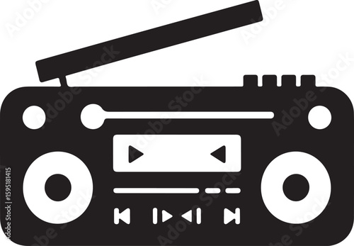Retro boombox with antenna and speaker silhouette on a white background