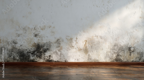 Fototapeta Naklejka Na Ścianę i Meble -  Interior wall with visible water damage and mold growth peeling paint, dark moisture stains, black mold spots near the floor and corners, gypsum plasterboard visibly damaged. 3d illustration.