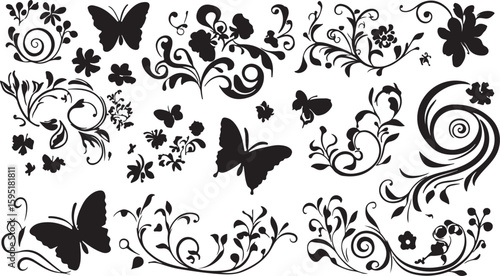 Elegant Black and White Floral Pattern with Butterflies and Swirling Vines