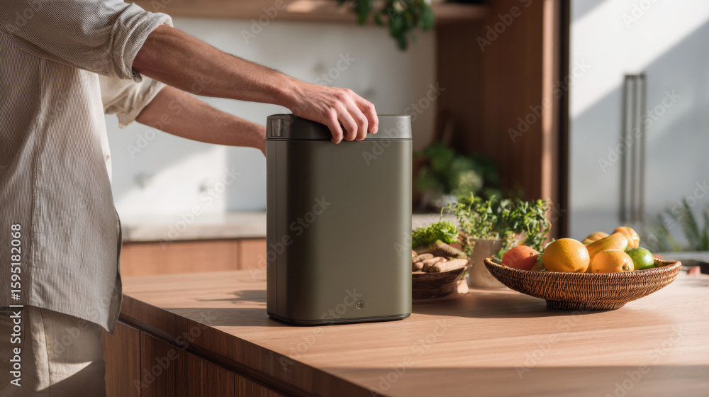 Fototapeta premium man placing compost bin in modern kitchen, in a lifestyle style, conveying eco-awareness. 