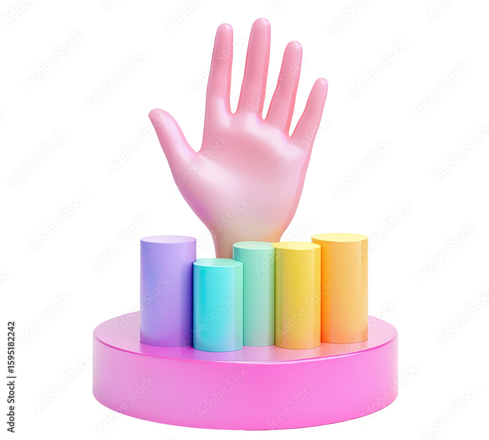 Obraz premium 3D hand raising on colorful pastel podiums