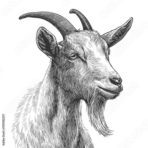 Detailed engraving of a goat's head with beard in rustic style  