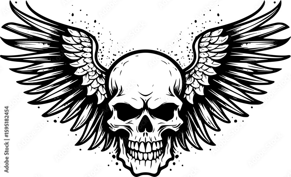 Fototapeta premium Skull With Wings | Black and White Vector illustration