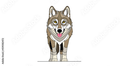 A majestic wolf stands proudly facing forward with its tongue hanging out in a captivating display of wild nature