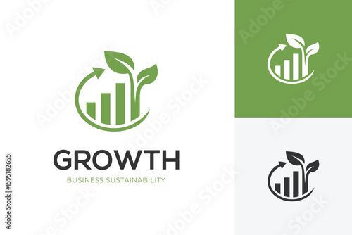 Sustainable growth logo with bar chart leaves and circular arrow up for eco business, environmental responsibility, and long-term business success. vector graphic
