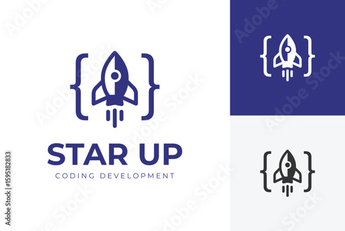 Coding Development logo with rocket launch and curly braces symbol for development, tech innovation, software development, and fast growth vector graphic concept