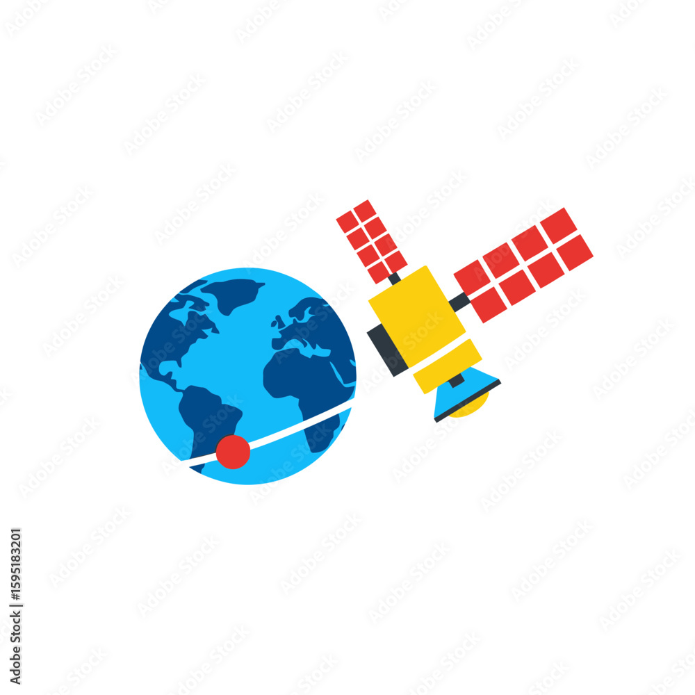 Fototapeta premium Satellite orbits earth illustration in blue yellow and red against white background.