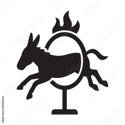 A black silhouette of a donkey jumping through a ring of fire on a white background illustration