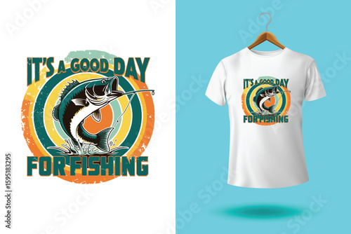 t shirt design baiter with fish jumping on the boat with black back ground vintage illustration