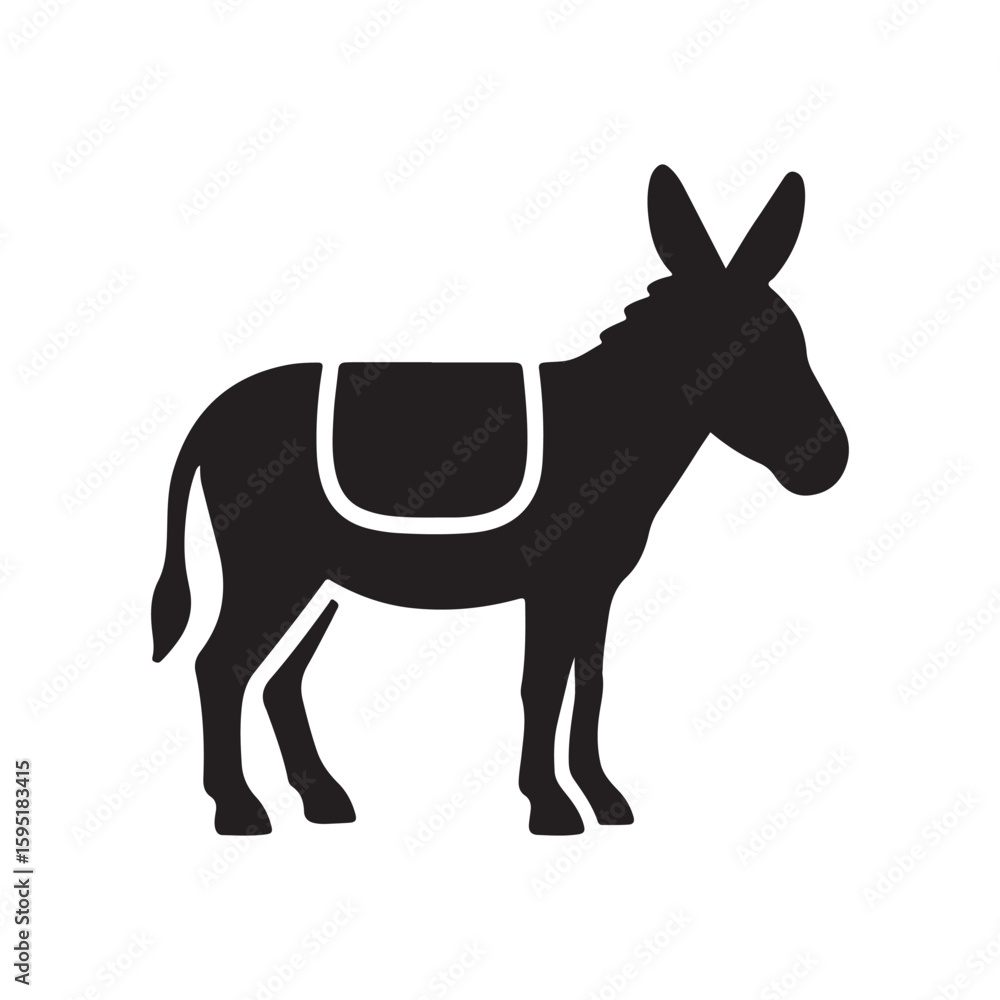 Fototapeta premium A black silhouette of a donkey with a saddle standing on a white background in a simple graphic style