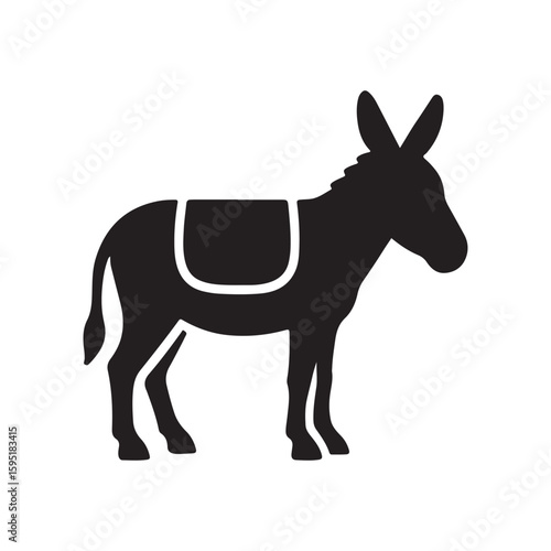 A black silhouette of a donkey with a saddle standing on a white background in a simple graphic style