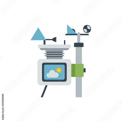 Weather station with screen showing clouds and sun on a white background.