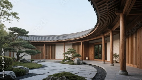 Traditional Japanese-style building with a serene garden and curved roofline