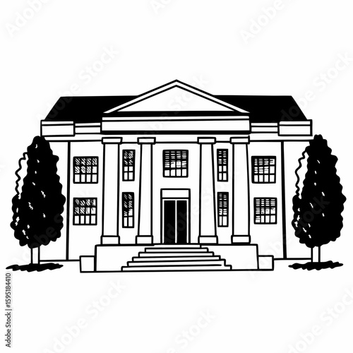 Line art of a public library building with large entrance, columns, and signage, monochrome with fine details