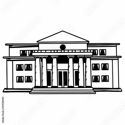 Line art of a public library building with large entrance, columns, and signage, monochrome with fine details