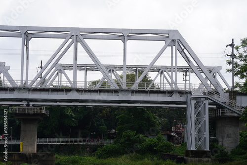 A steel truss railway bridge, with the presence of lush greenery