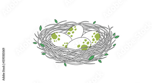A close up illustration of a bird nest filled with four speckled eggs ready for hatching