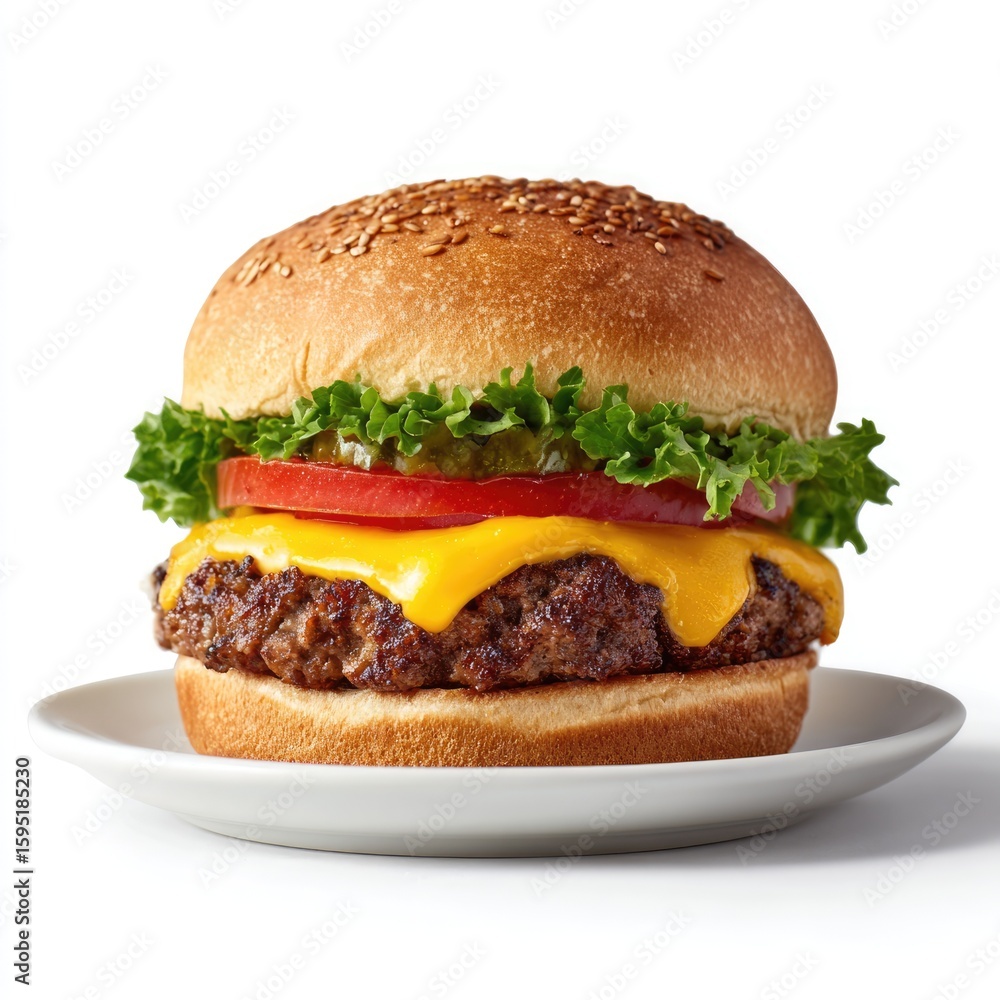 Cheese Burger on plate. Burger featuring a juicy beef patty and melted cheese. Fresh green lettuce and sesame seed bun. hamburger. Cheese Burger on plate. Burger featuring a juicy beef patty and melted cheese. Fresh green lettuce and sesame seed bun. hamburger.