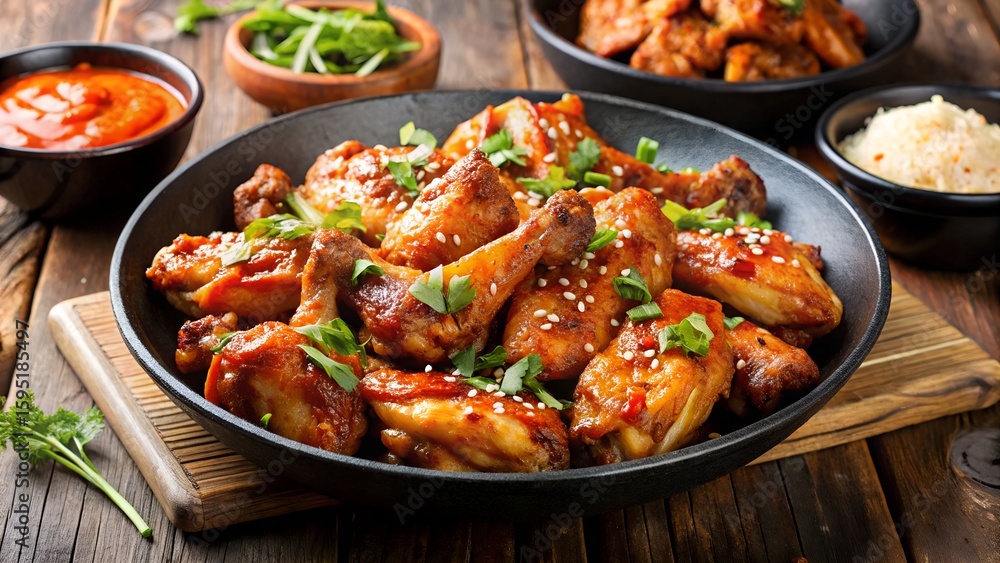 Fototapeta premium Photo of tantalizing glazed chicken wings sprinkled with sesame seeds and fresh green herbs, served in a black bowl