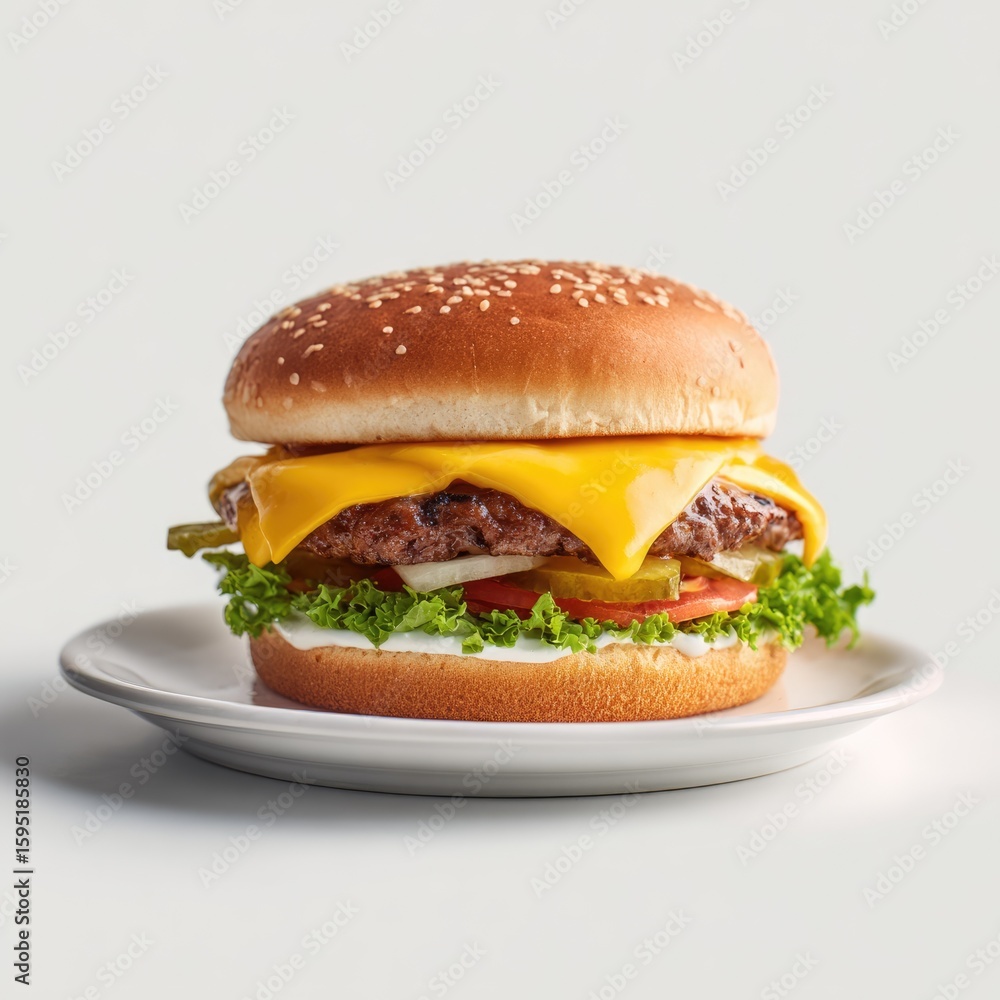 Cheese Burger on plate. Burger featuring a juicy beef patty and melted cheese. Fresh green lettuce and sesame seed bun. hamburger. Cheese Burger on plate. Burger featuring a juicy beef patty and melted cheese. Fresh green lettuce and sesame seed bun. hamburger.