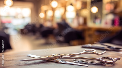 Pair of barber scissors resting on a wooden table in a salon