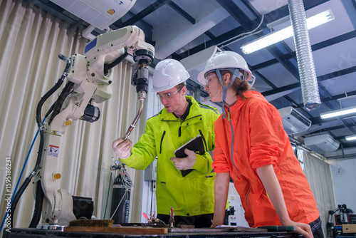 Engineers collaborate in a modern lab on robotics technology development during the daytime