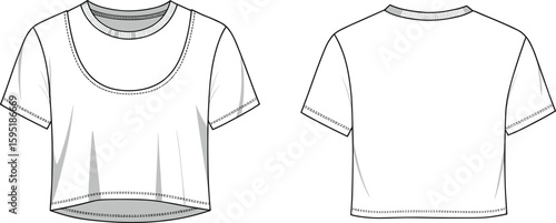 ashion illustration, women’s cropped T-shirt, scoop neckline, short sleeve, round back, visible stitch, garment sketch, stylish top, casual wear