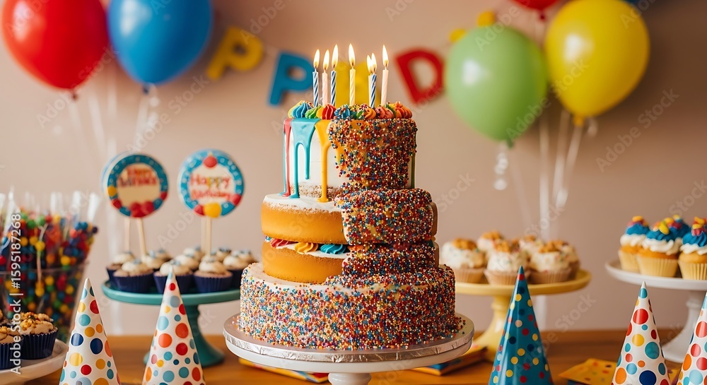 Fototapeta premium Colorful Birthday Cake with Lit Candles and Party Decorations – Festive Celebration Concept