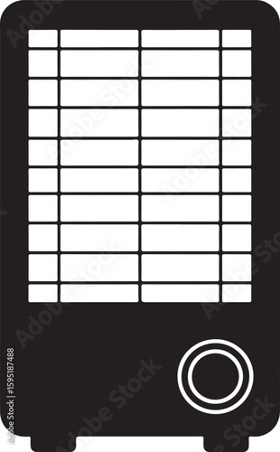 Black silhouette of a portable electric heater with a control knob and grid front
