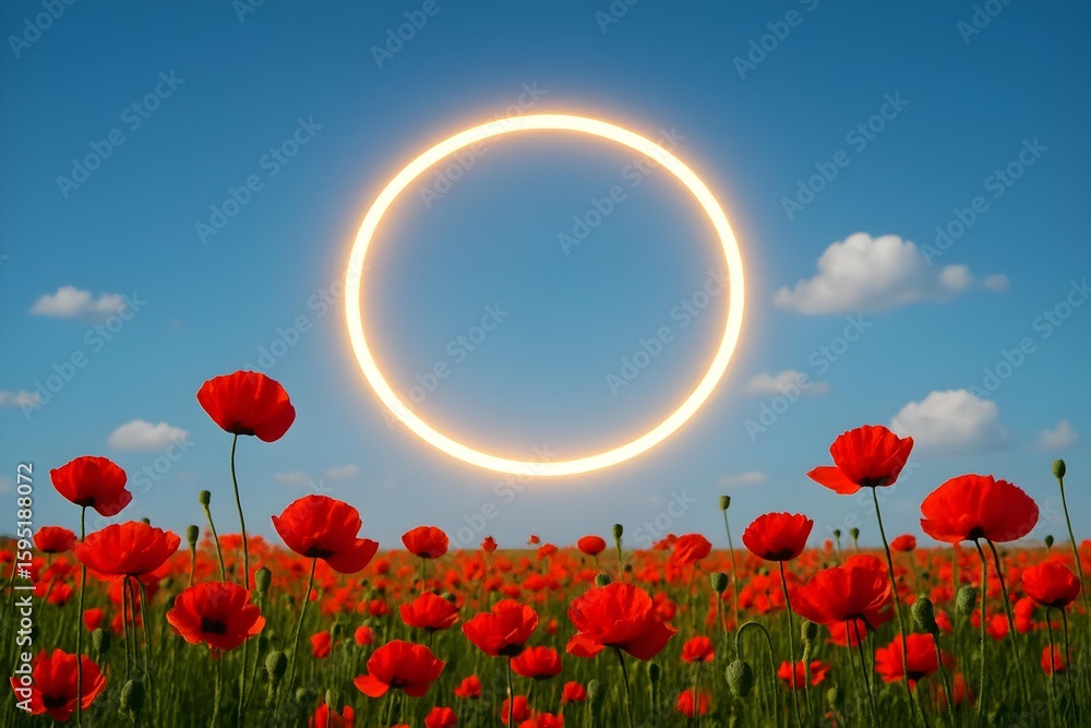 Fototapeta premium A vibrant field of red poppies under a clear blue sky with a circular bright light resembling a sun above. Concept Vibrant Red Poppies, Clear Blue Sky, Bright Circular Sunlight, Nature Photography