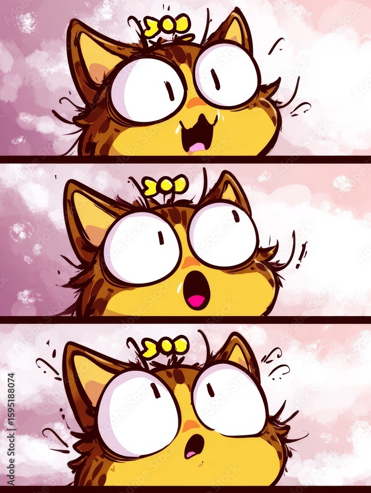 Fototapeta premium Vertical Comic of Tabby Cats Exaggerated Reactions in Pastel Tones