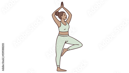Woman Practicing Yoga Tree Pose (Vrksasana) Illustration. Female Character in Sportswear Meditating and Balancing, Symbolizing Wellness, Mindfulnes...