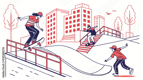 Dynamic Urban Skatepark Scene with Skaters Performing Tricks and Grinding on Rails in a Modern City Landscape Line Art Illustration