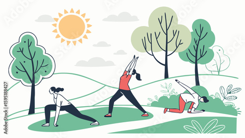 Women Practicing Yoga and Stretching Outdoors in a Sunny Park. Flat Vector Illustration of Outdoor Fitness, Wellness, and Healthy Lifestyle Activit...