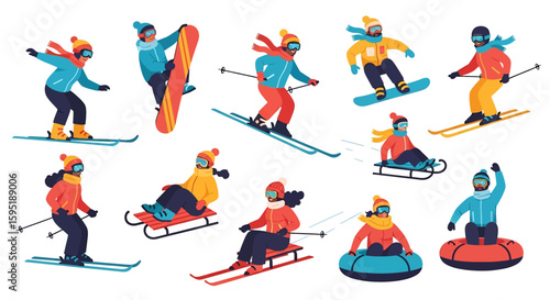 Adobe illustrator vector artwork set of people enjoying various winter sports activities like skiing, snowboarding, tubing, and sledding. Perfect for winter, outdoor, sports, and recreation themes