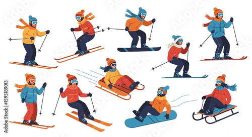 Adobe illustrator vector artwork set of people enjoying various winter sports activities like skiing, snowboarding, tubing, and sledding. Perfect for winter, outdoor, sports, and recreation themes