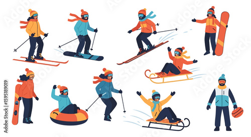 Adobe illustrator vector artwork set of people enjoying various winter sports activities like skiing, snowboarding, tubing, and sledding. Perfect for winter, outdoor, sports, and recreation themes