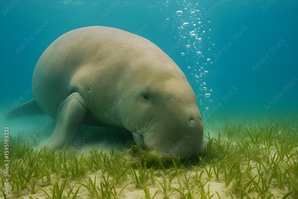Naklejka premium A manatee grazing on seagrass underwater, surrounded by bubbles and a clear blue ocean. Concept Manatee Habitat, Underwater Photography, Seagrass Ecosystems, Marine Life, Ocean Conservation