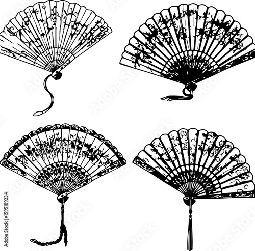 Intricate vintage handheld folding fans with decorative details and tassels